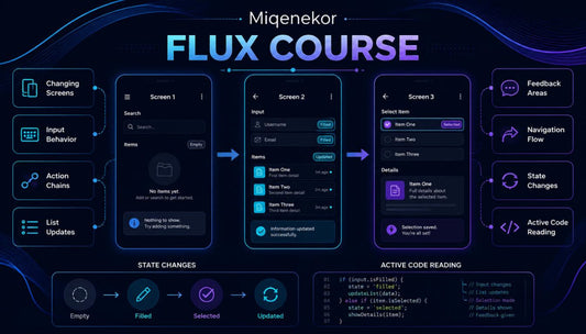 Migenekor Flux Course interface with screen design and coding elements on a dark background