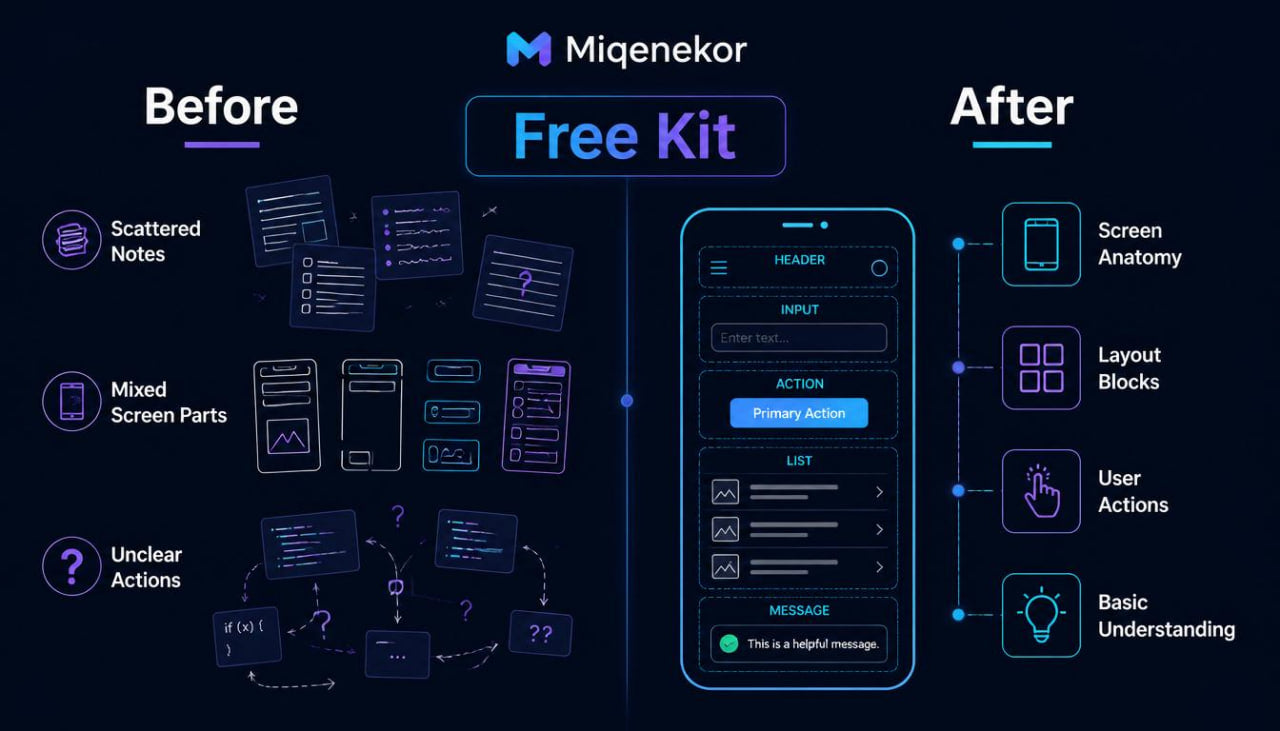 Comparison of UI/UX design before and after using Miqenekor Free Kit on a dark background.