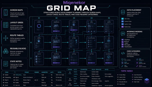 Migenekor Grid Map with structured design elements on a dark background