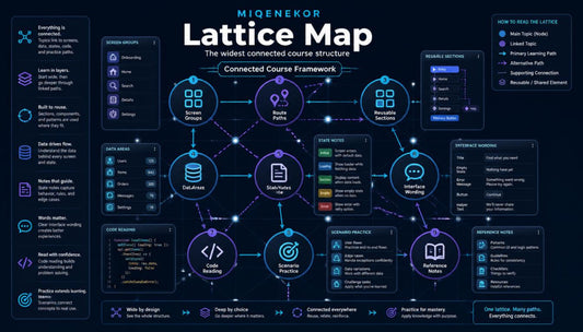 Migenekor Lattice Map with interconnected course framework on a dark background