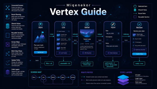 Miqenekor Vertex Guide with various screens and features on a dark background