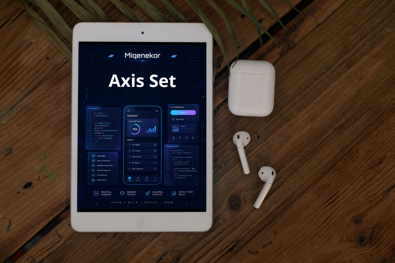 Tablet displaying a software interface on a wooden surface with wireless earbuds.