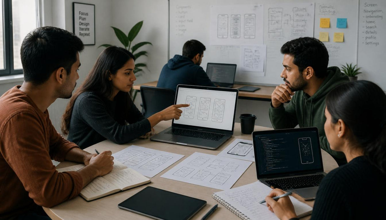 Group of people working on laptops in a collaborative office setting
