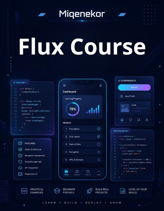 Miqenekor Flux Course cover with digital interface elements and code snippets on a dark background.