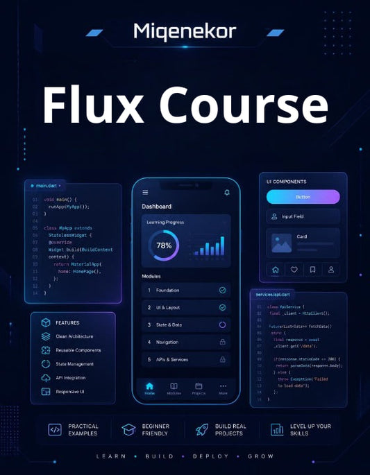 Miqenekor Flux Course cover with digital interface elements and code snippets on a dark background.