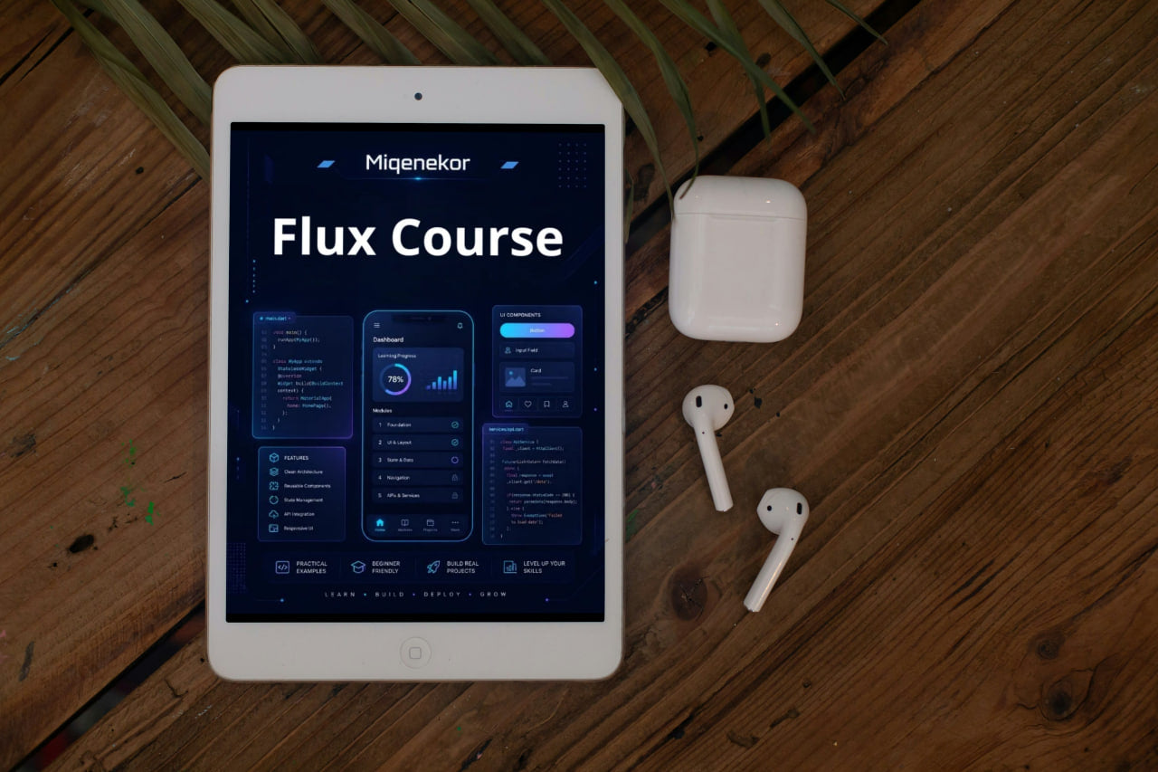 Tablet displaying 'Flux Course' on a wooden surface with airpods