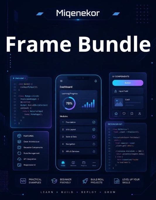 Miqenekor Frame Bundle with UI components and dashboard on a dark background