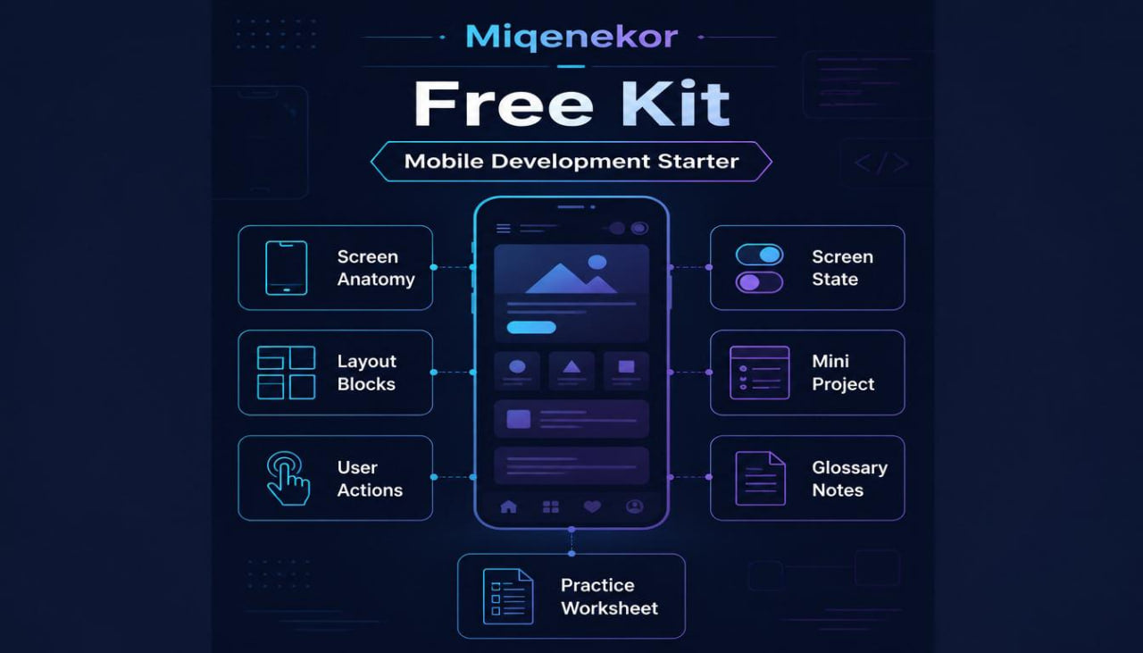 Miqenekor Free Kit for mobile development starter with smartphone interface diagram on a dark background