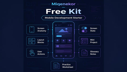 Miqenekor Free Kit for mobile development starter with smartphone interface diagram on a dark background