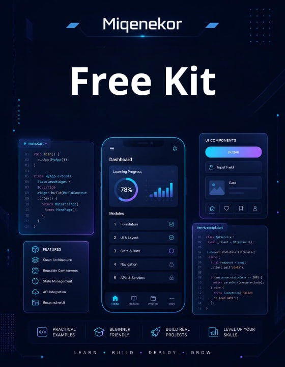 Miqenekor Free Kit with UI components and dashboard on a dark background