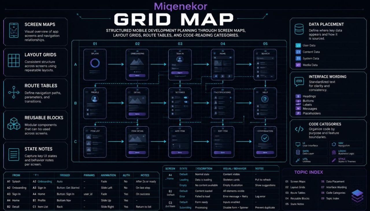 Migenekor Grid Map with structured design elements on a dark background