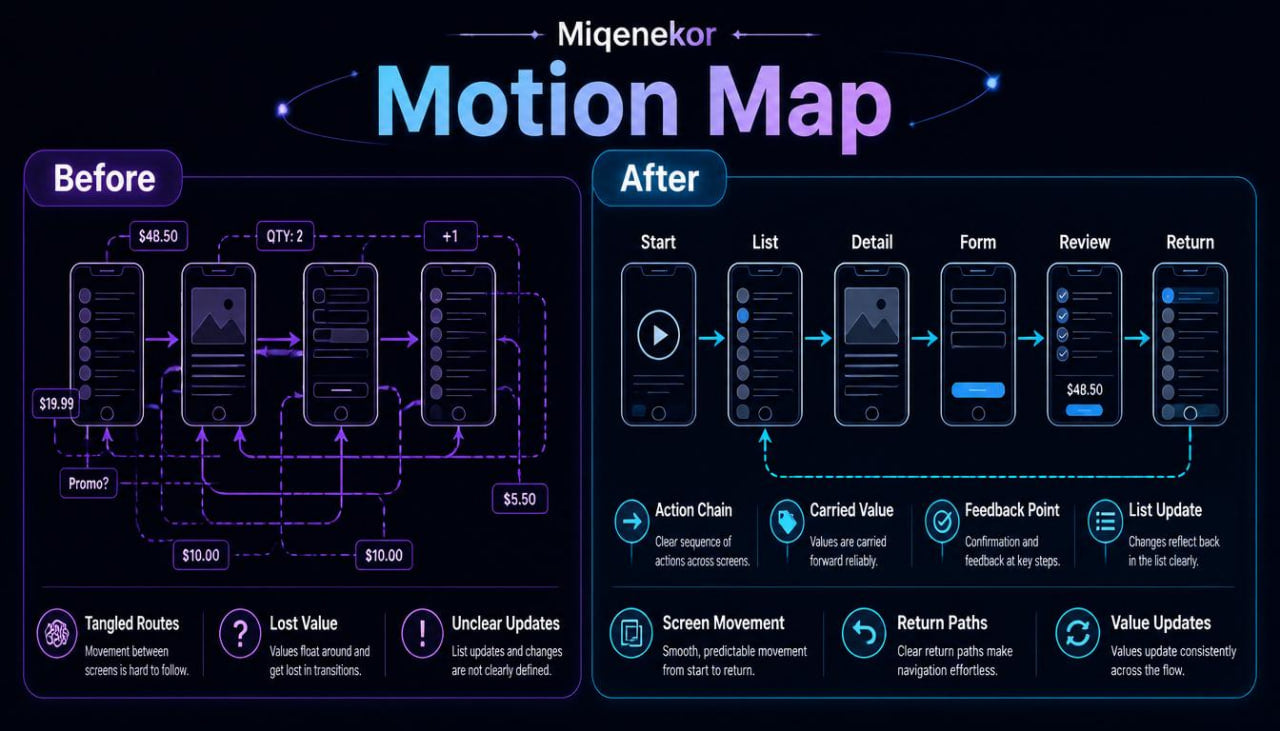 Comparison of 'Before' and 'After' motion map diagrams for a user interface design process.